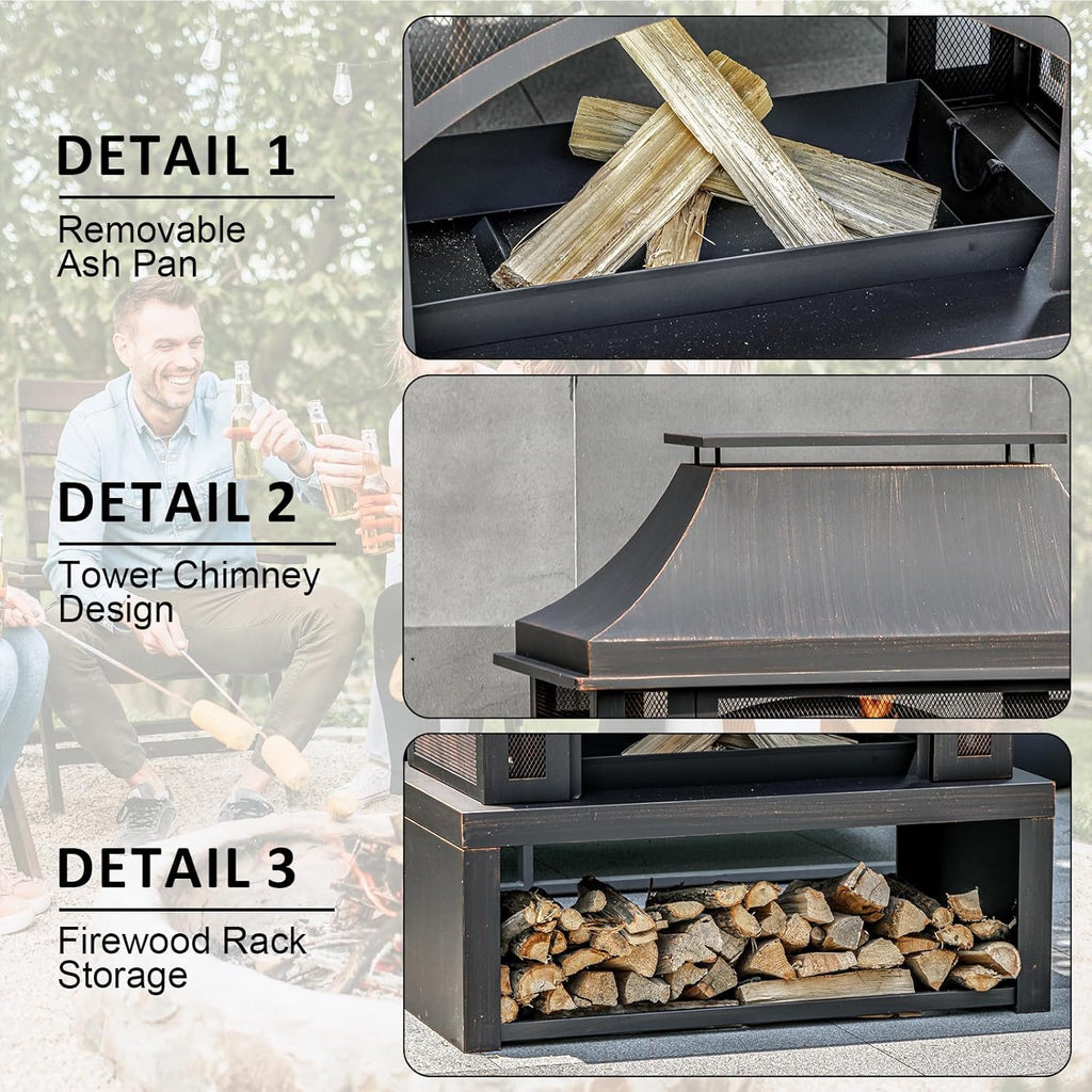 39" Fire Pits with Wood Storage for Outside, Large Wood Burning Outdoor Fireplace with Chimney