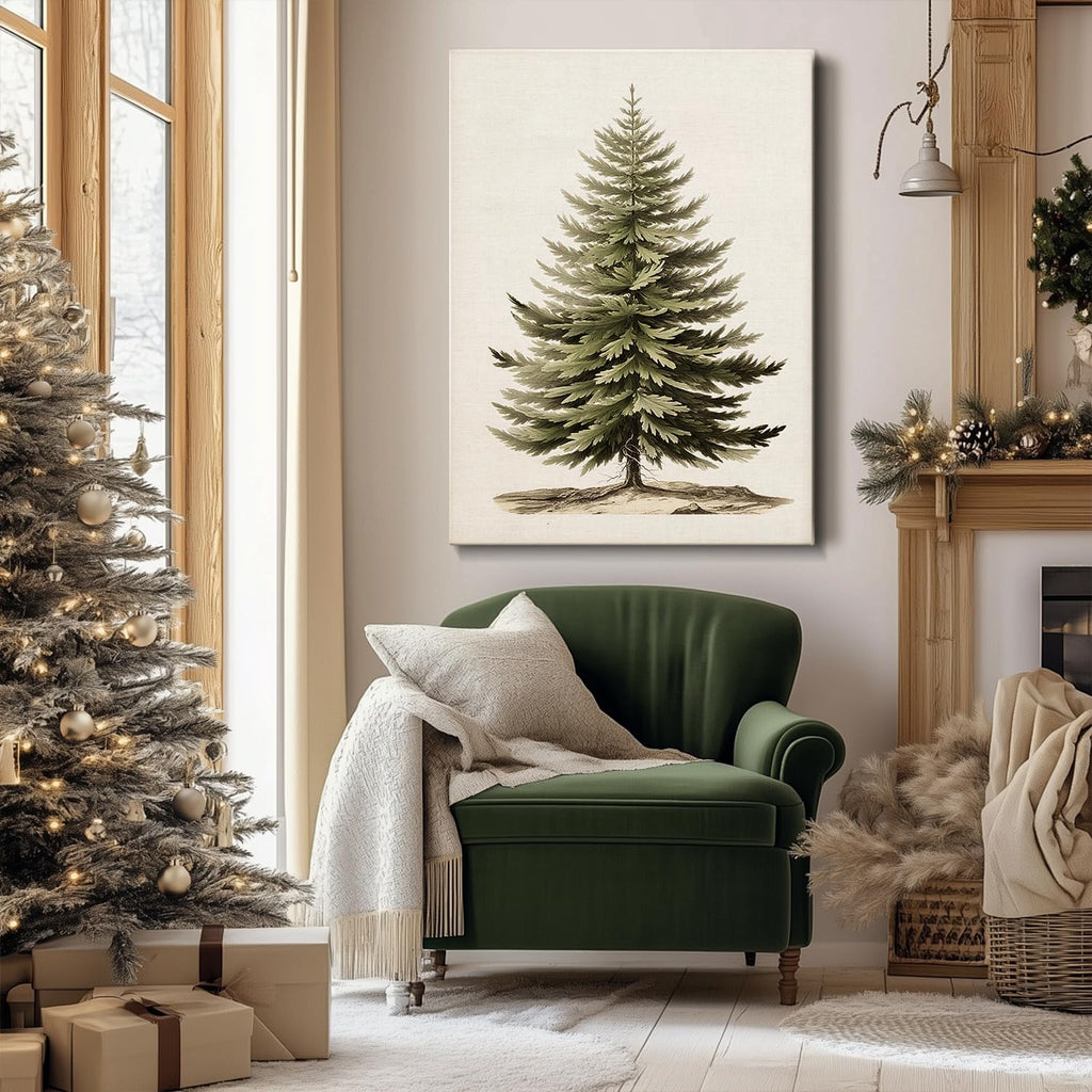 Vintage Christmas Tree Canvas Wall Art, Botanical Pine Tree Print Poster