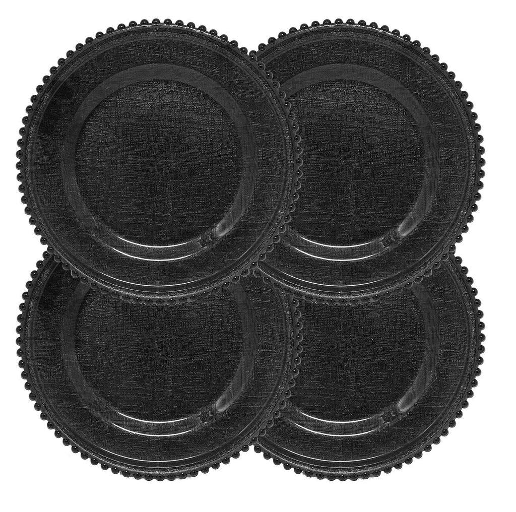 Cross-stitch Pattern Glass Charger 12.6 Inch Dinner Plate With Beaded Rim - Set of 4 - Black