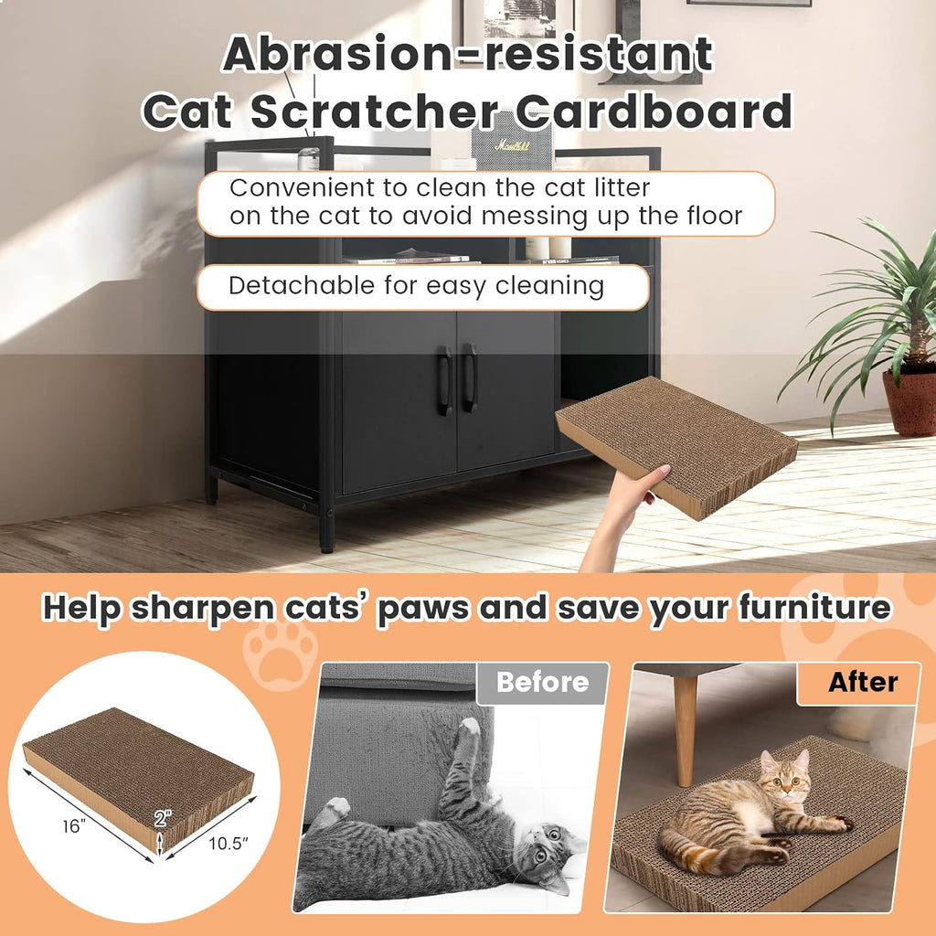 Cat Litter Box Enclosure, Litter Box Cabinet with Cat Scratcher, 2-Door Storage Cabinet, 2 Open Compartments and Air