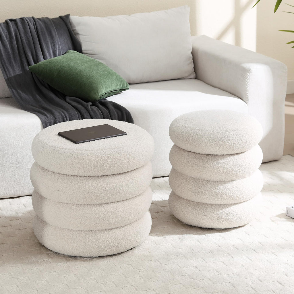 Boucle Ottoman with Storage, Small Round Footrest Stool Bedroom, Upholstered Sherpa Vanity Seat with Removable Lid