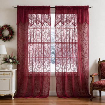 Red Lace Curtains with Valance 84 Inches Long Living Room 2 Panels