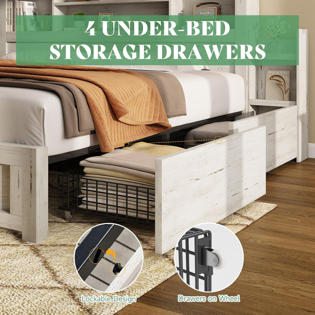 Queen Bed Frame with 4 Storage Drawer, LED Bed Frame with 49.6" Tall Bookcase Headboard, Wood Platform Bed with