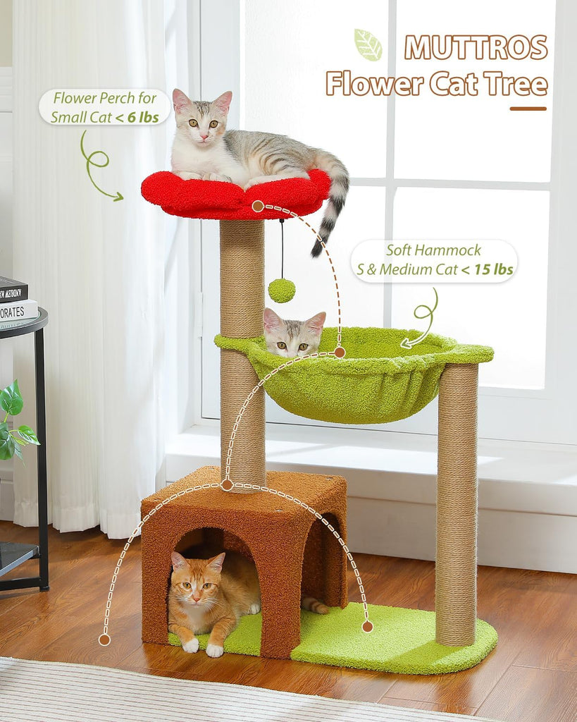 35" Flower Cat Tree for Kittens with Hammock & Sisal Posts, Brown