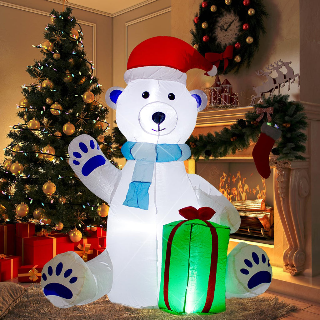 5FT Christmas Inflatable White Bear Hold Gift Decoration