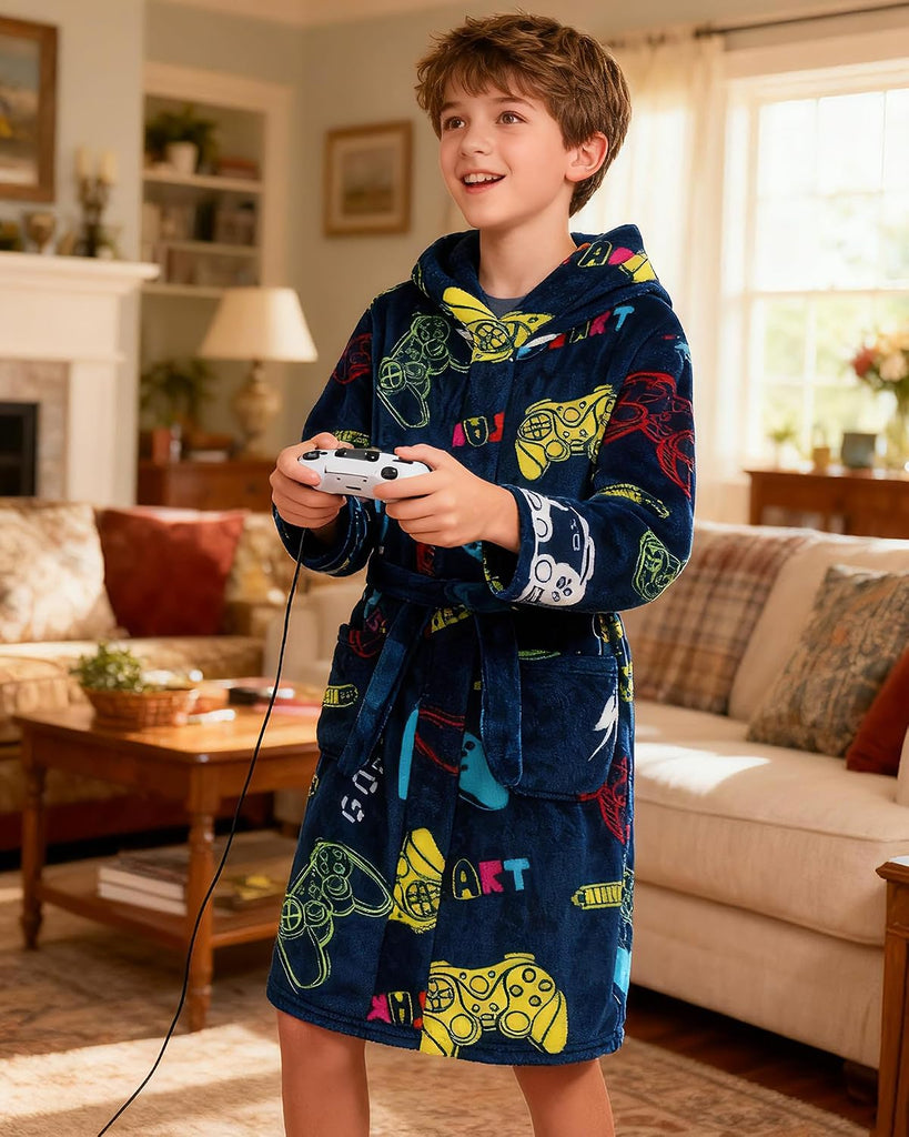 Kids Toddler Boys Girls Fleece Robe Soft Hooded Bathrobe Pajamas Sleepwear
