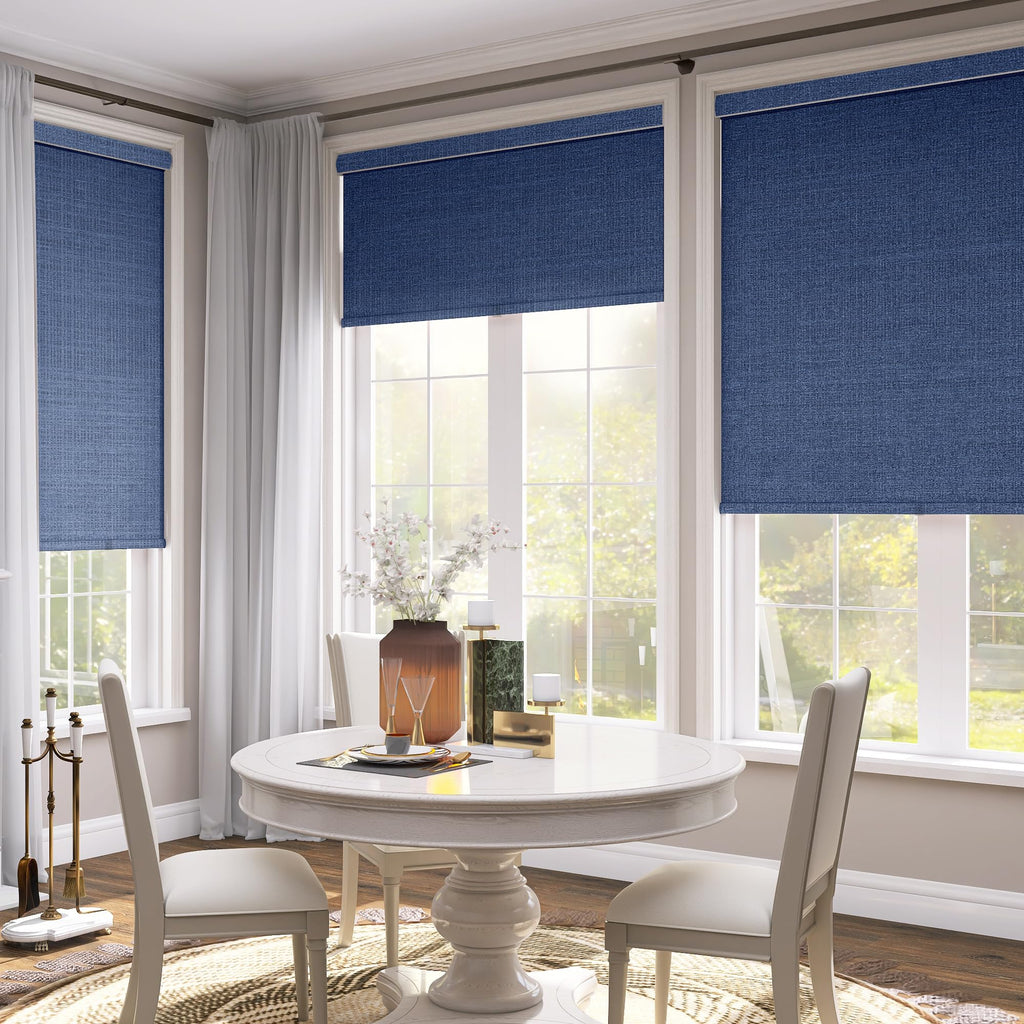 Linen Roller Shades, Cordless Roller Blinds, Blue, Custom Size