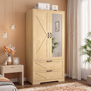 71" Armoire Wardrobe Closet with Mirror Door, Farmhouse Bedroom Armoire with Drawers and Adjustable Shelves, Wooden