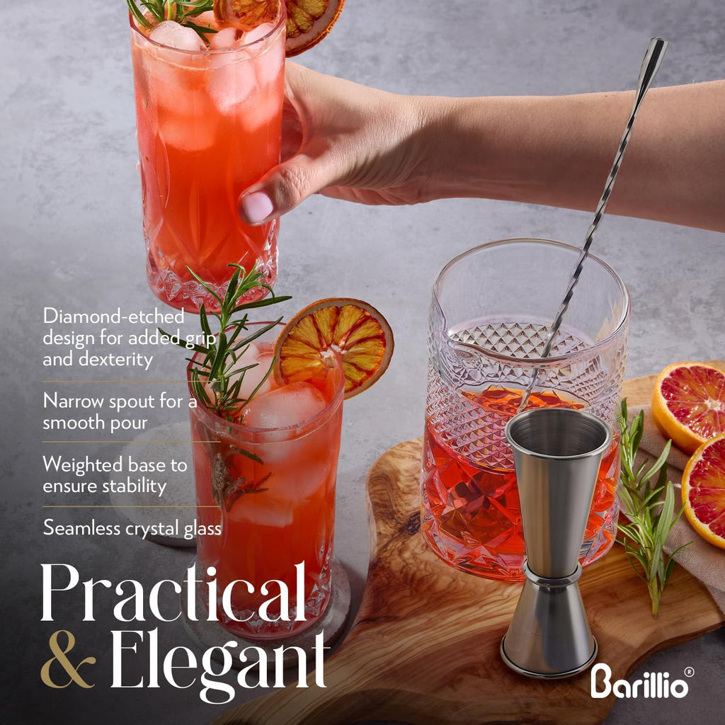 Oz Crystal Cocktail Mixing Glass with Bamboo Stand & Bar Tools | Seamless Lead-Free Crystal, Weighted Base - Set of 7