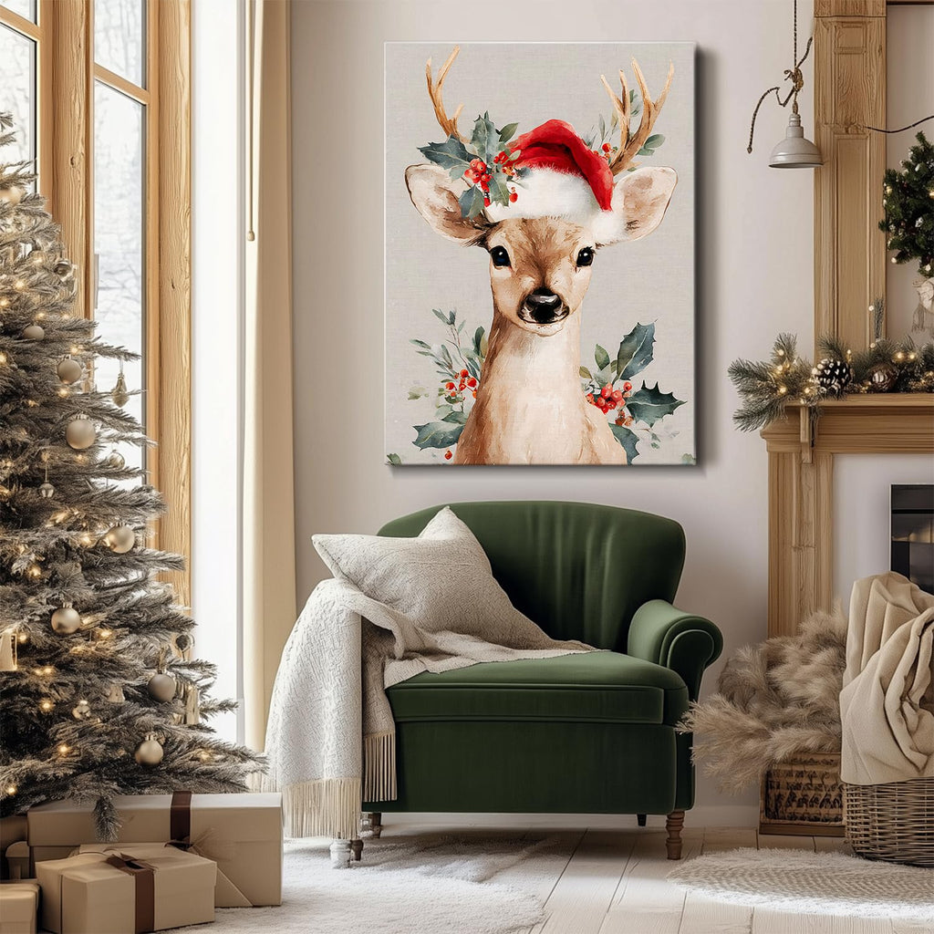Rustic Festive Canvas Wall Art, Reindeer with Christmas Hat Canvas Wall Art