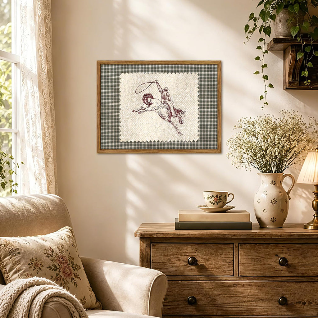Framed Vintage Western Cowboy Wall Art, Southwestern Horse Rodeo Pictures Wall Decor, Mid Century Modern Green