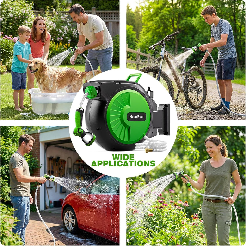 Retractable Garden Hose Reel 100FT x 1/2 in, Wall Mount Water Hose Reel for Outside with Auto Rewind, Tangle-Free