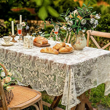 French Embroidery Lace Tablecloth - Rectangular for Coffee Tables, Vintage Beige Lace Table Cover, P