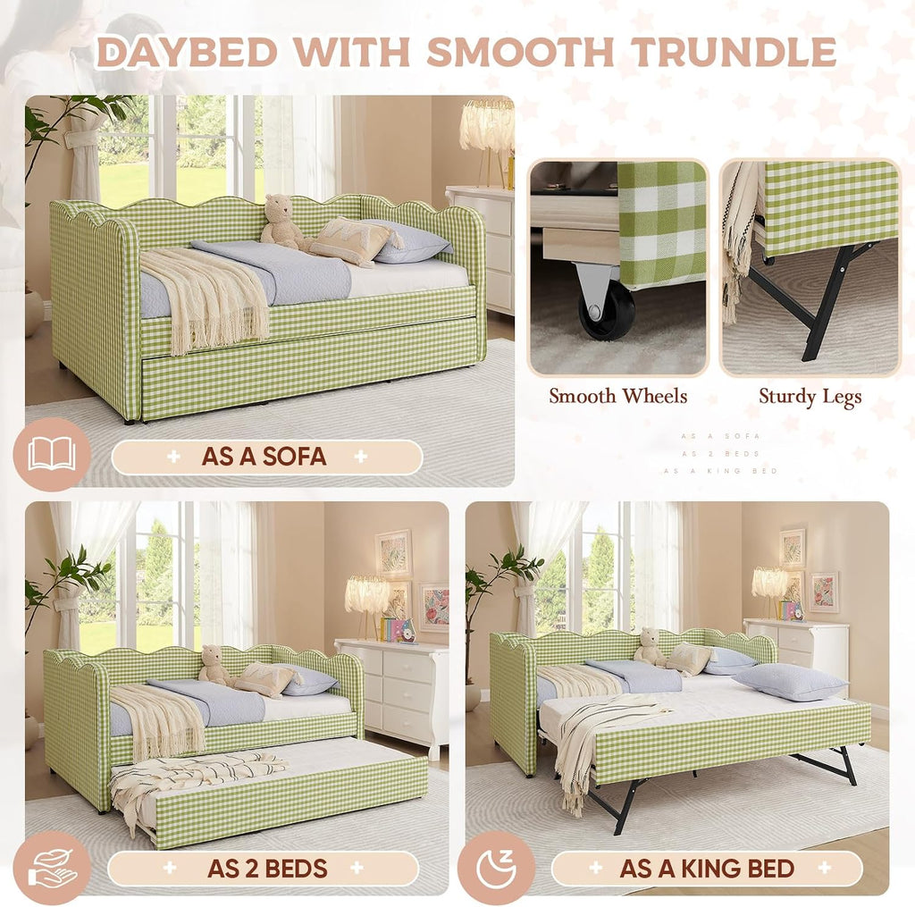 Twin Size Daybed with Pop Up Trundle, Linen Gingham Twin to King Daybed with USB Ports, Upholstered Day Bed Frame