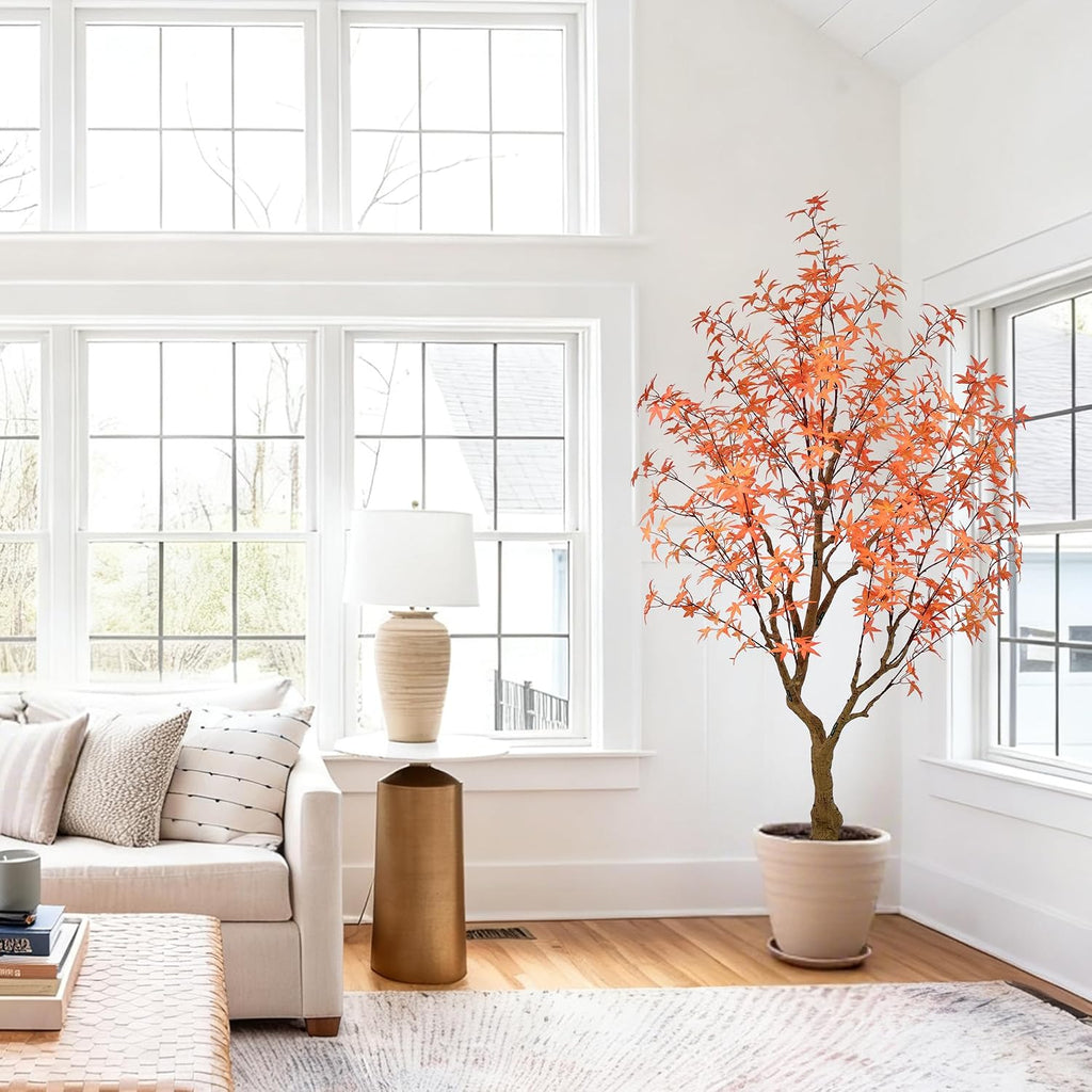 Maple Tree 6.5FT - Large Faux Plants Indoor with 504 Orange Leaves & Realistic Trunk, 78" Tall Fake Autumn Maple Tree