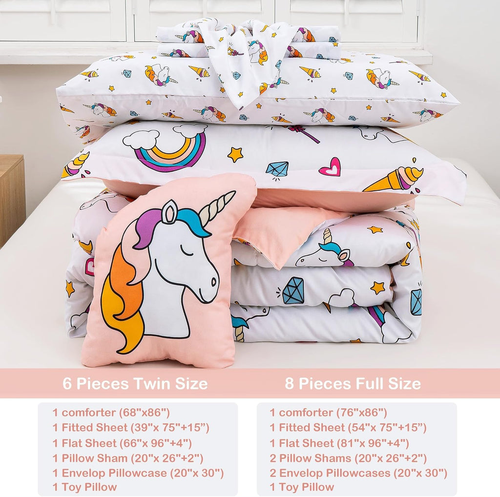 Bed in a Bag for Kids Girls Teens, 8 Pieces Full Comforter Bed Set with Shams, Sheet Set and Decorative Toy Pillow