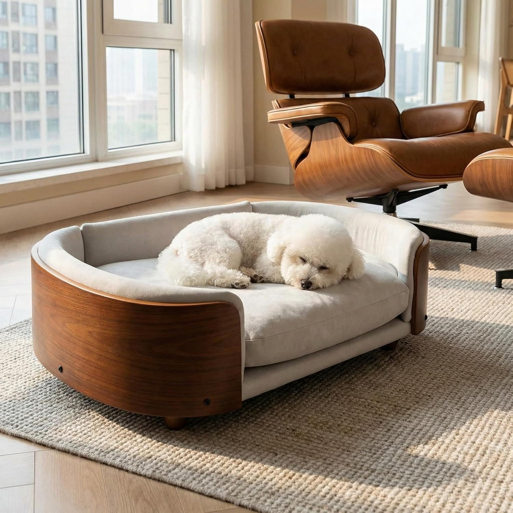 Scandinavian Style Elevated Dog Bed, Pet Sofa with Solid Wood Legs and Walnut Bent Wood Back, Velvet Upholstered