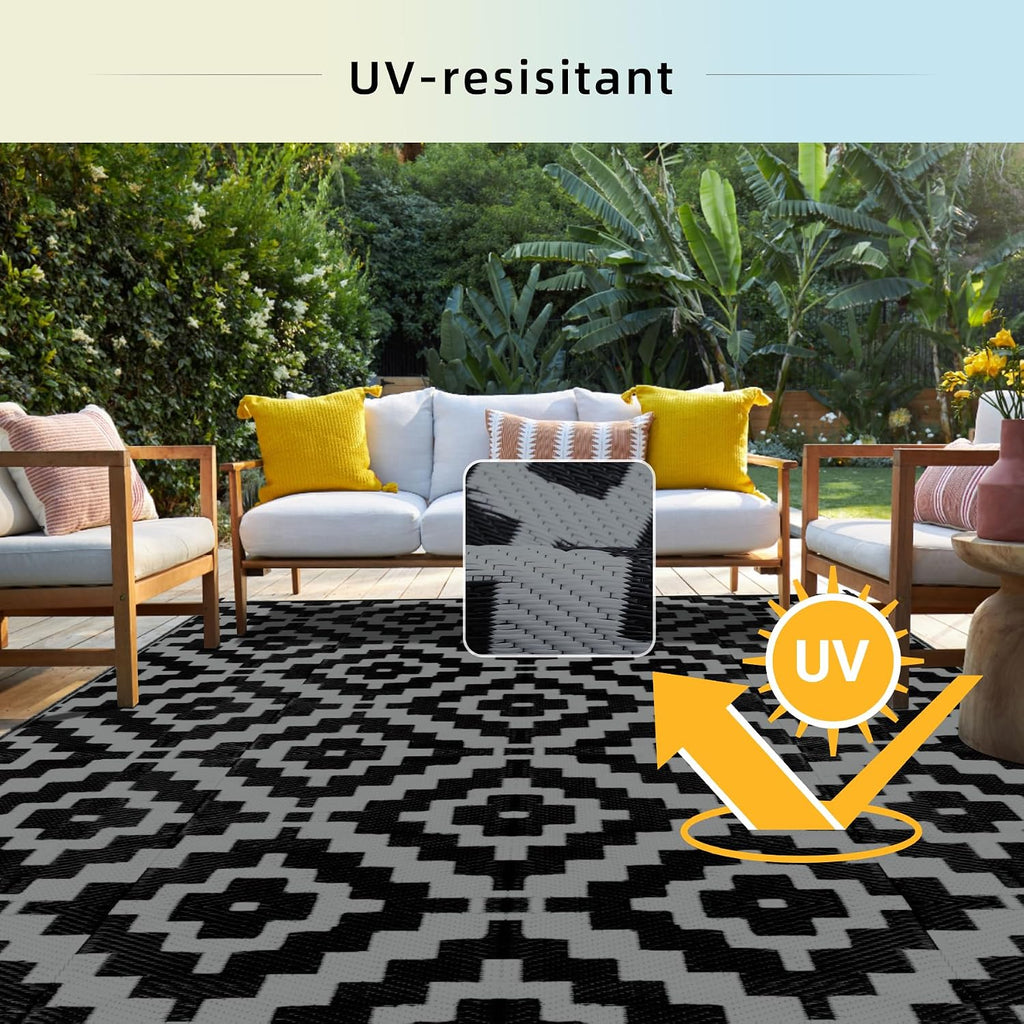 Outdoor Rug Black & Grey Waterproof Reversible Carpet Mat