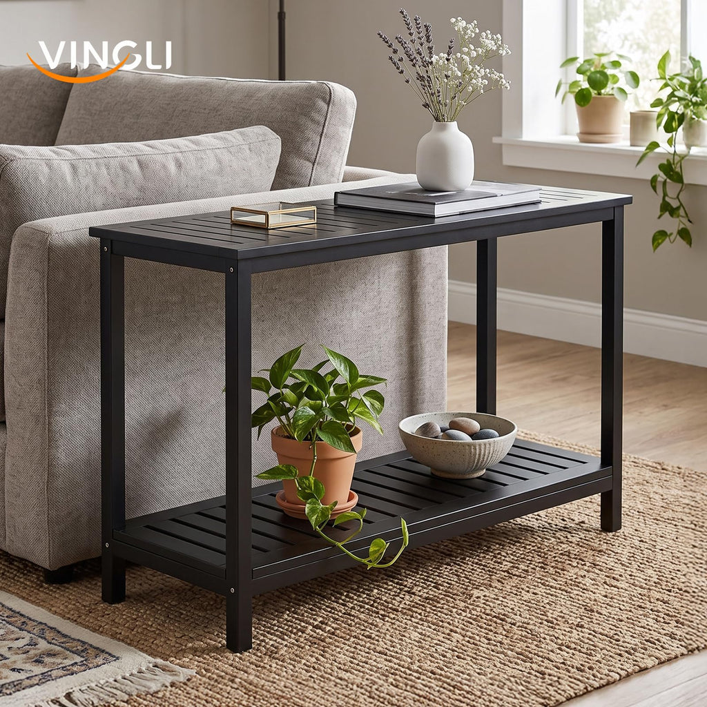 49in Solid Wood Outdoor Console Table, 2-Tier Patio Buffet Bar Table, Multi-Functional Storage Sideboard for Garden