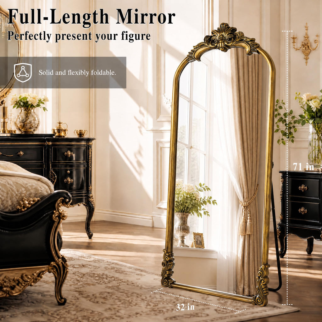Retro Arched Full Mirror 71"x 32" for Decor Statuary Bronze