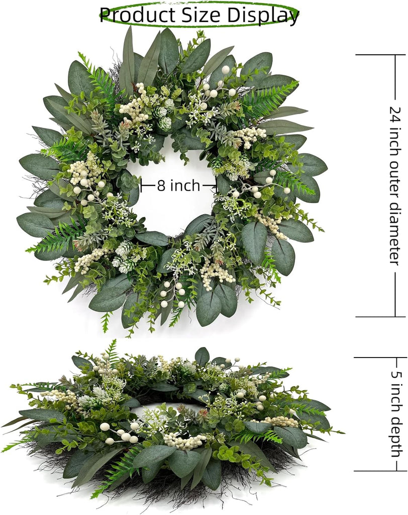 24 Inch Greenery Wreaths for Front Door - Artificial Eucalyptus Wreath with White Berries and Mixed Green Leaves