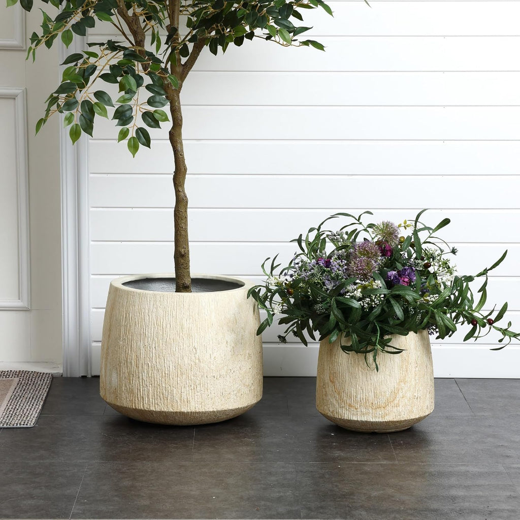 LuxenHome Round Tapered Planters, Set of 2 Outdoor Indoor Plant Pots with Drainage Hole, Decorative Lightweight