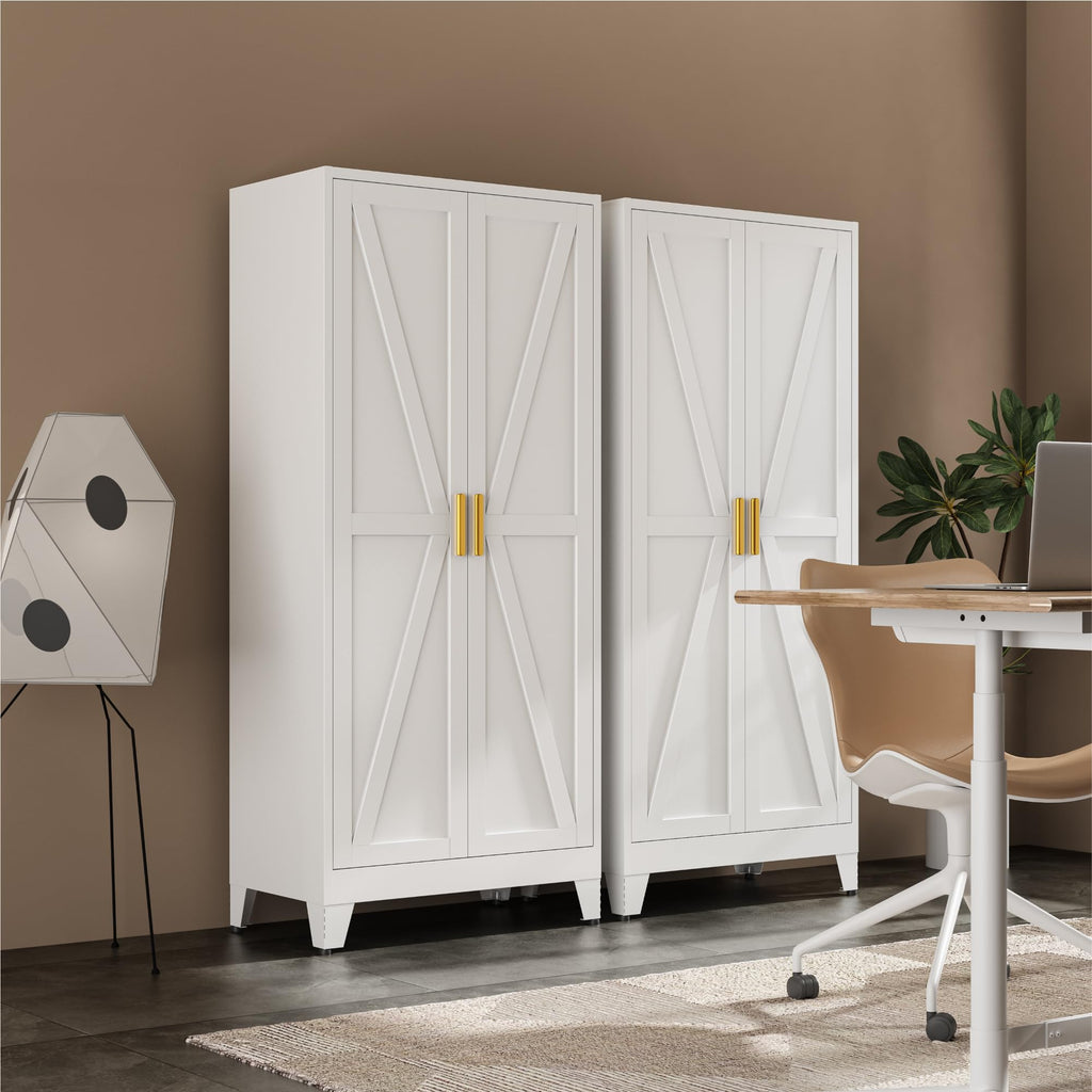 Metal Wardrobe Closet with Doors and Shelves, 71" Farmhouse Bedroom Armoire with Hanger Rod and Clothing Shelf, White
