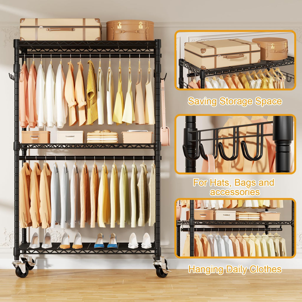 P1 Rolling Clothes Rack, Portable Wardrobe Closet Holds 500lbs