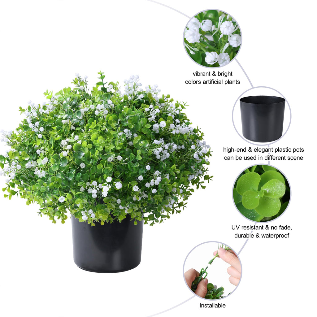Fake Plants Artificial Flowers for Outdoors Decor, 2 Pack Fake Potted Plants Baby Breath With Green Eucalyptus Look