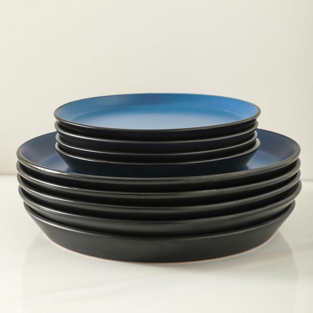 Albie Stoneware 16-Piece Modern Dinnerware Set, Kitchen Plates and Bowls Sets, Service for 4, Blue and Black