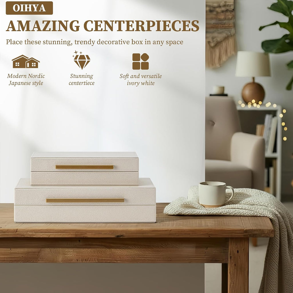 Shagreen Decorative Box, Modern Faux Leather Beige Decorative Storage Boxes with Lids and Metal Handles - Set of 2