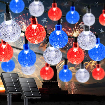 2 Pack 64FT 100 LED Red White and Blue Solar String Lights Outdoor