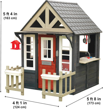 Riverscape Wooden Outdoor Playhouse with Working Doorbell | Over 5 Ft. Tall, Picket Fence, Flower Planter Boxes, Bird