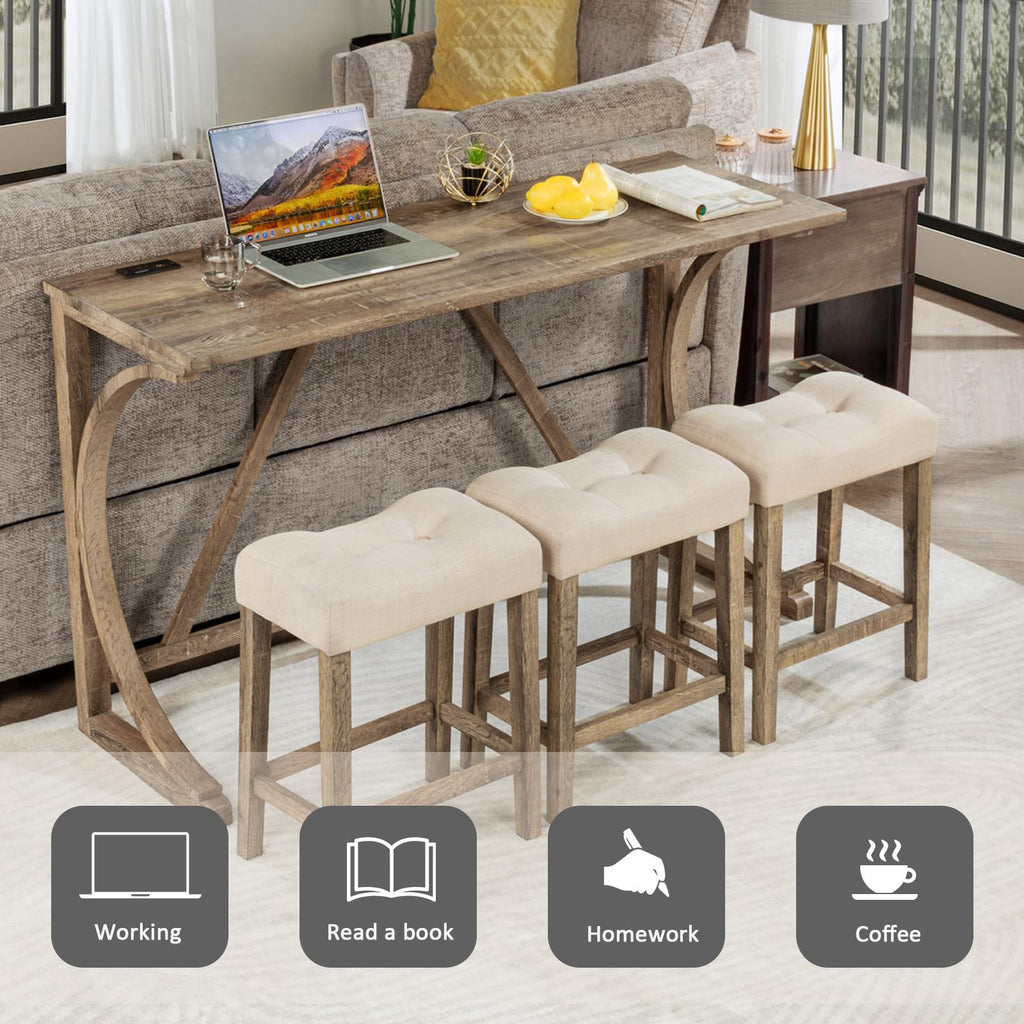 Bar Table and Chairs Set, 4 Piece Console Table with Power Outlet, Counter Height Bar Table Set with 3 Padded Chairs