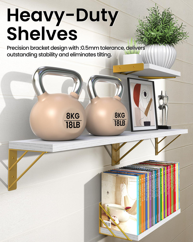 Wall Mounted Floating Shelves (White and Gold, Set of 4, 16" Mixed)