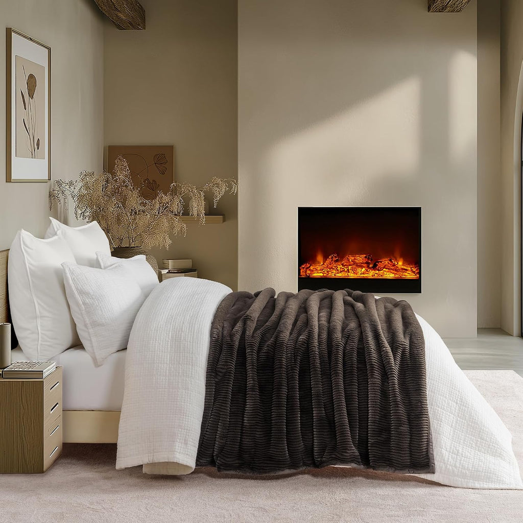 Faux Rabbit Fur Throw Blanket, 50''x60'', Dark Brown | Ultra Soft, Luxury Sculpted Texture Faux Fur Blanket, Fluffy
