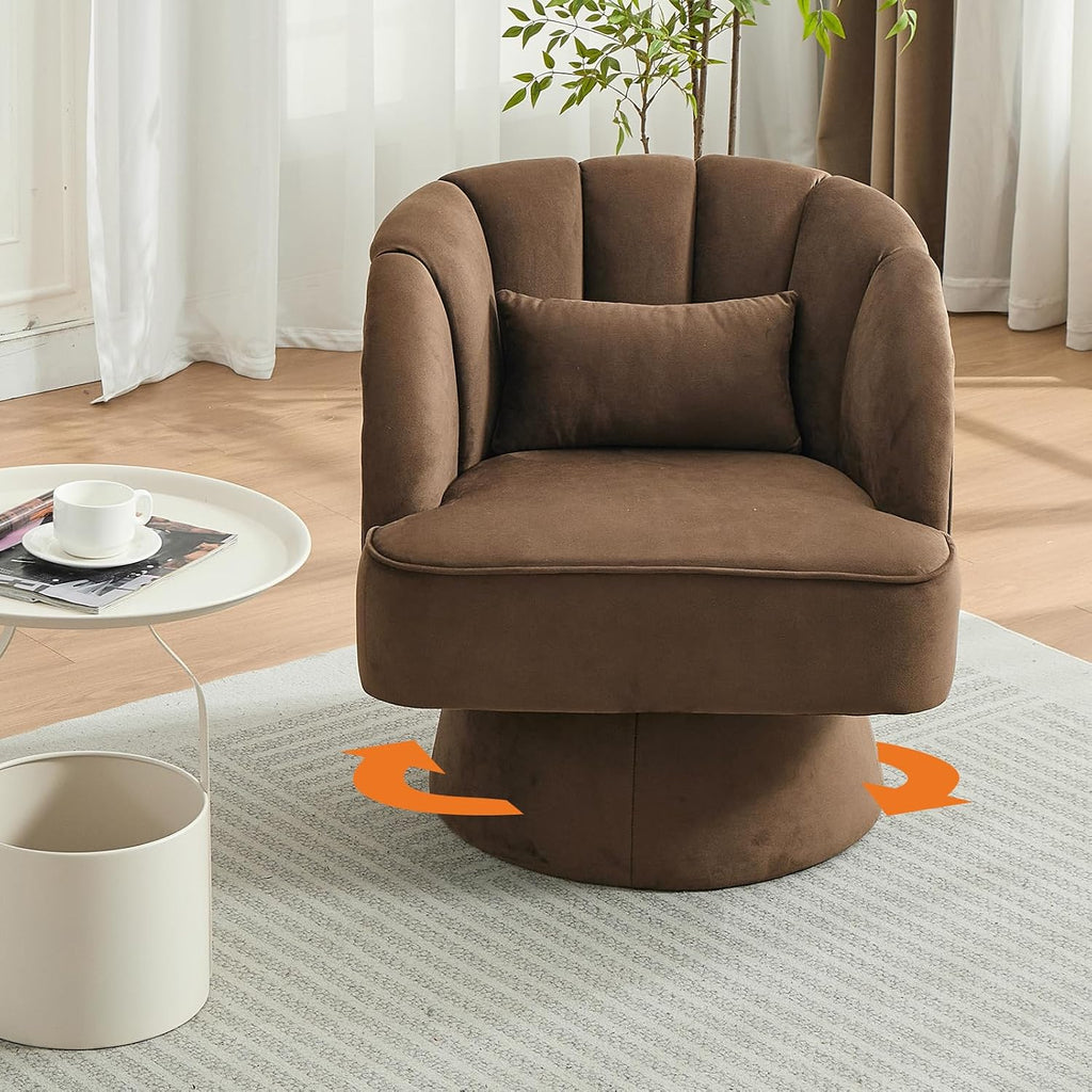 Modern Swivel Barrel Accent Chair, 360 Degree Velvet Upholstered Armchair with Striped Backrest & Plush Padding