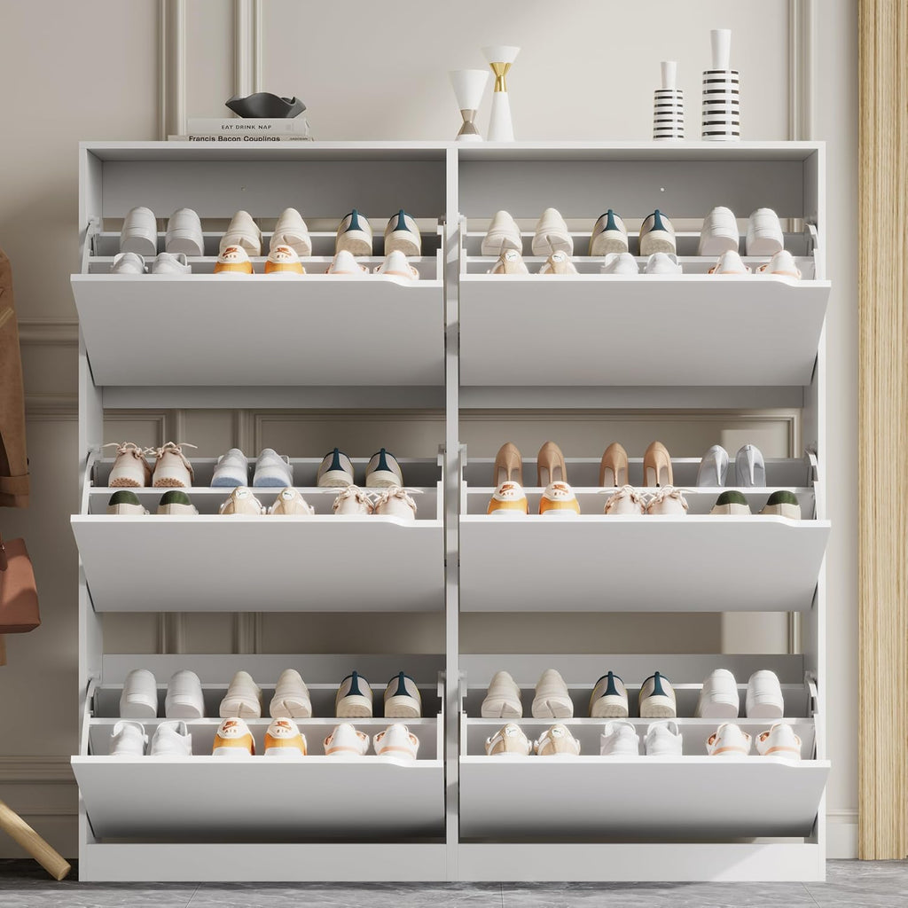 Shoe Storage Cabinet with 6 Flip Drawers, Sturdy Wood Hidden Shoe Storage, Freestanding Narrow Slim Shoe Organizer