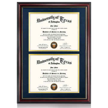 Double 8.5x11 Diploma Frame, Solid Wood & Tempered Glass, Cherry Finish with Gold Trim, Navy Blue & Gold Mat