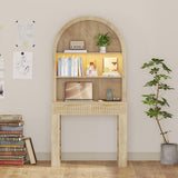 Arched Desk, Computer Desk with 2 Drawers & Hutch, Wood Writing Desk with Power Outlets, 3 Color LED Lights