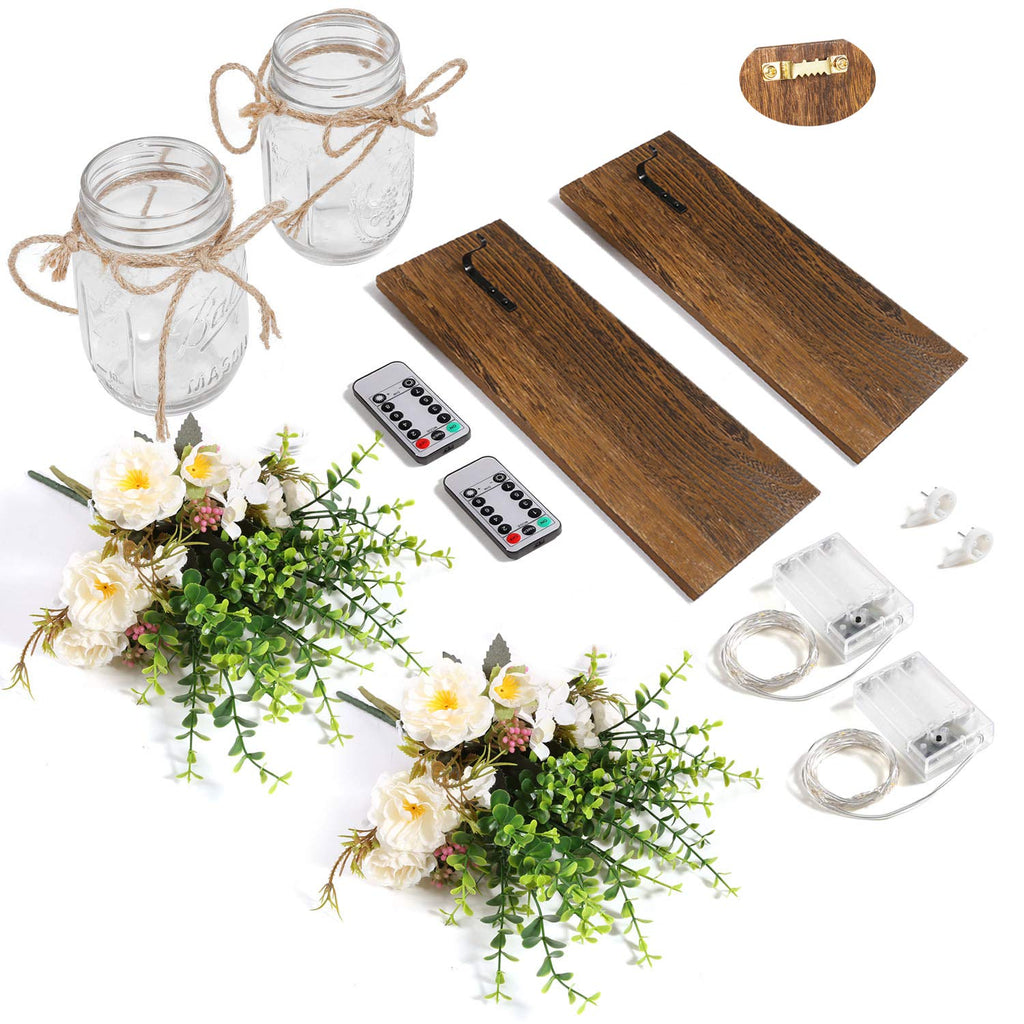 Sconces Mason Jar Sconces Handmade Wall Art Hanging Design with Remote Control LED Fairy Lights and White Peony, Wall