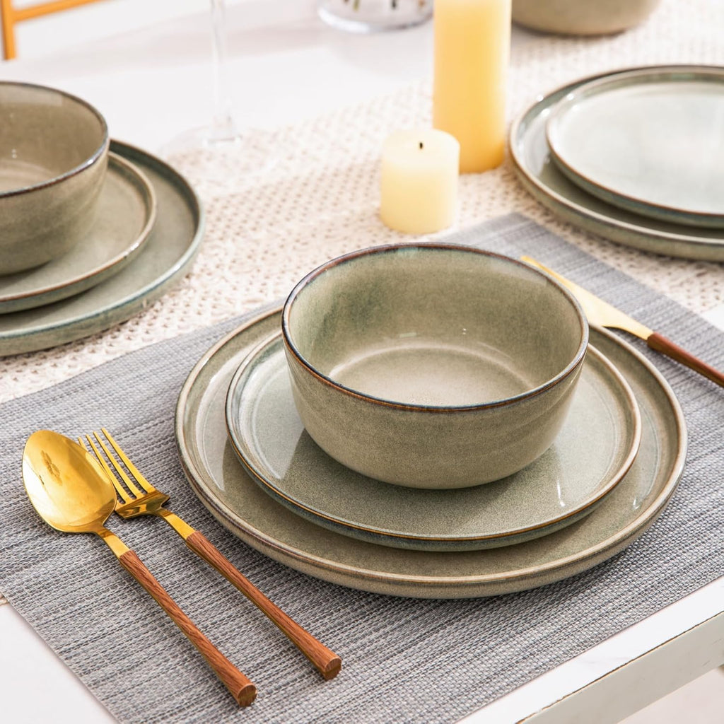 Stoneware Dinnerware Sets,Round Reactive Glaze Ceramic Plates and Bowls Sets,Highly Scratch Resistant | Dishwasher &