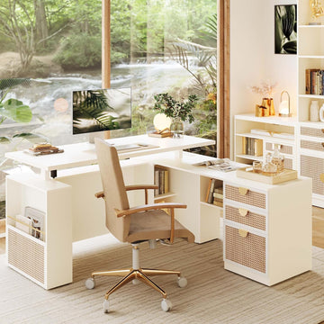 63" L Shaped Electric Standing Desk, Privacy Panel | White Rattan, 1.18" Desktop Executive Height Adjustable Desk