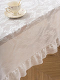 White French Lace Ruffle Tablecloth 60 x 102 Inch with Ruffled Edge, Fits Round and Rectangular Tabl