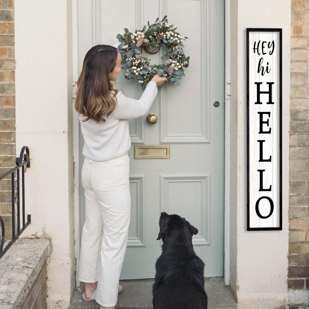 Hey Hi Hello Welcome Sign For Front Porch Standing 45"X9" Large Outdoor Tall Wood Frame Vertical Wall Decor Rustic