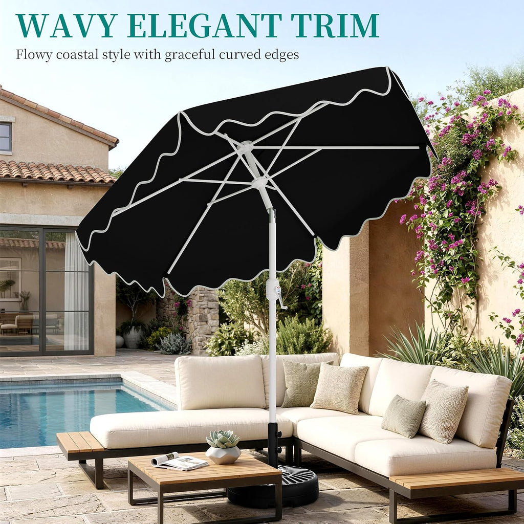 Patio Umbrella with Wavy Trim, UV-Fade-Resistant Canopy, Crank & Tilt - Black 7.5ft