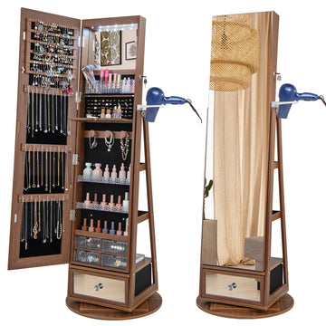 360 Rotating Jewelry Cabinet with Full Length Mirror, Standing LED Jewelry Armoire, Lockable Organizer with Hair