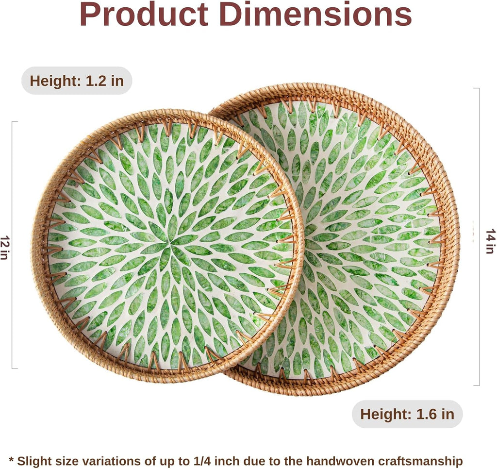 14 inch Round Rattan Tray Home Decor, Wicker Serving Tray with Mother of Pearl Inlay, Boho Decorative Tray for Coffee