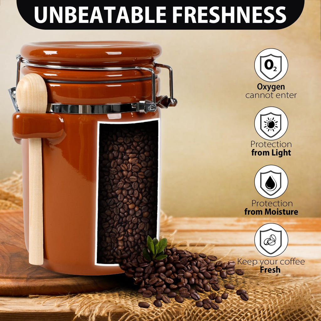 4 Piece Airtight Ceramic Canister Set With Attached Wooden Spoon Reusable Chalk Labels For Dry Goods Sugar Coffee Tea