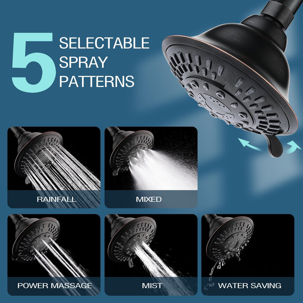 High Pressure Rain Shower Head, Fixed Shower Head with 5 Spray Settings, Adjustable Angle and Anti-Clog Nozzles, Oil